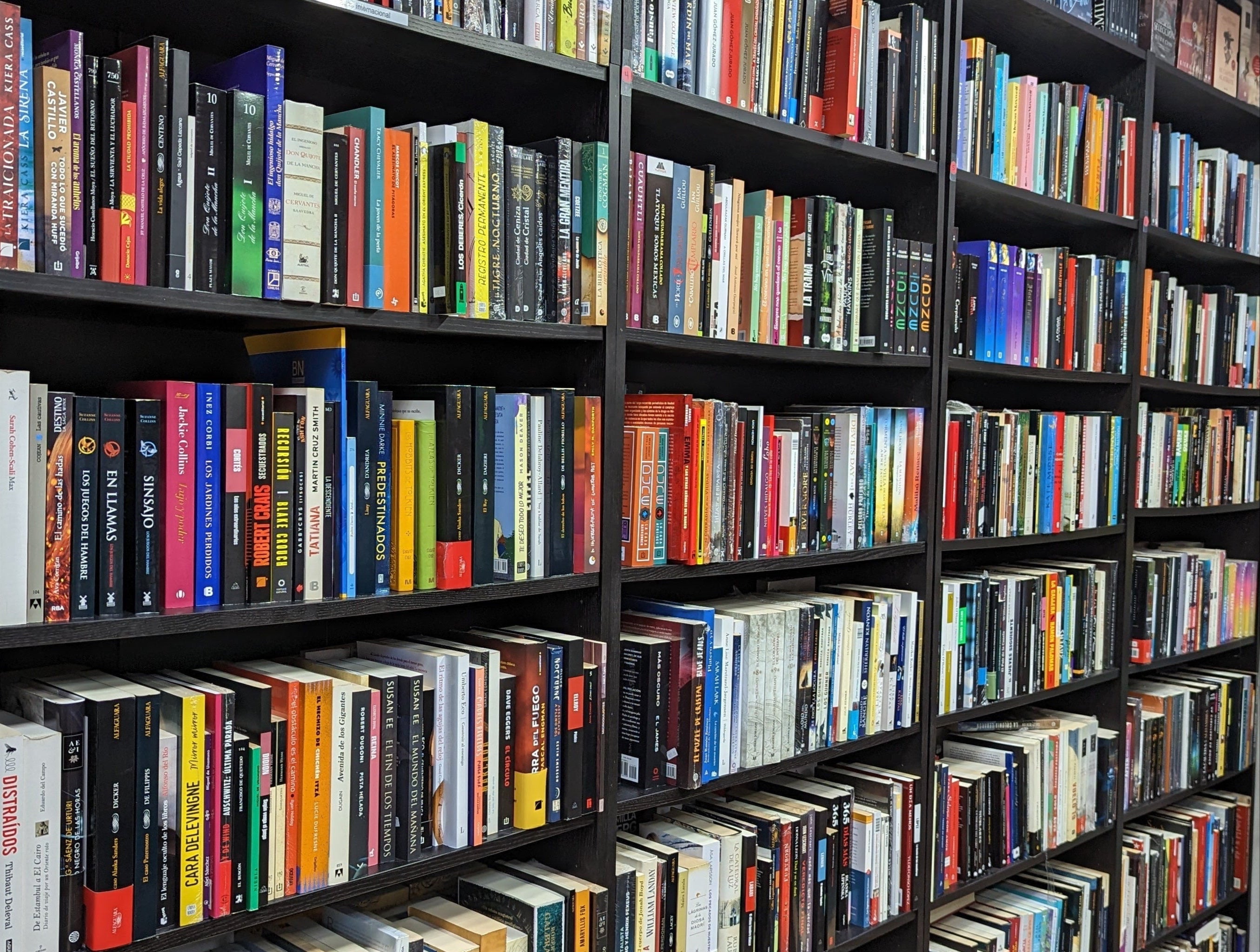Bookshelf filled with a variety of books in a library setting